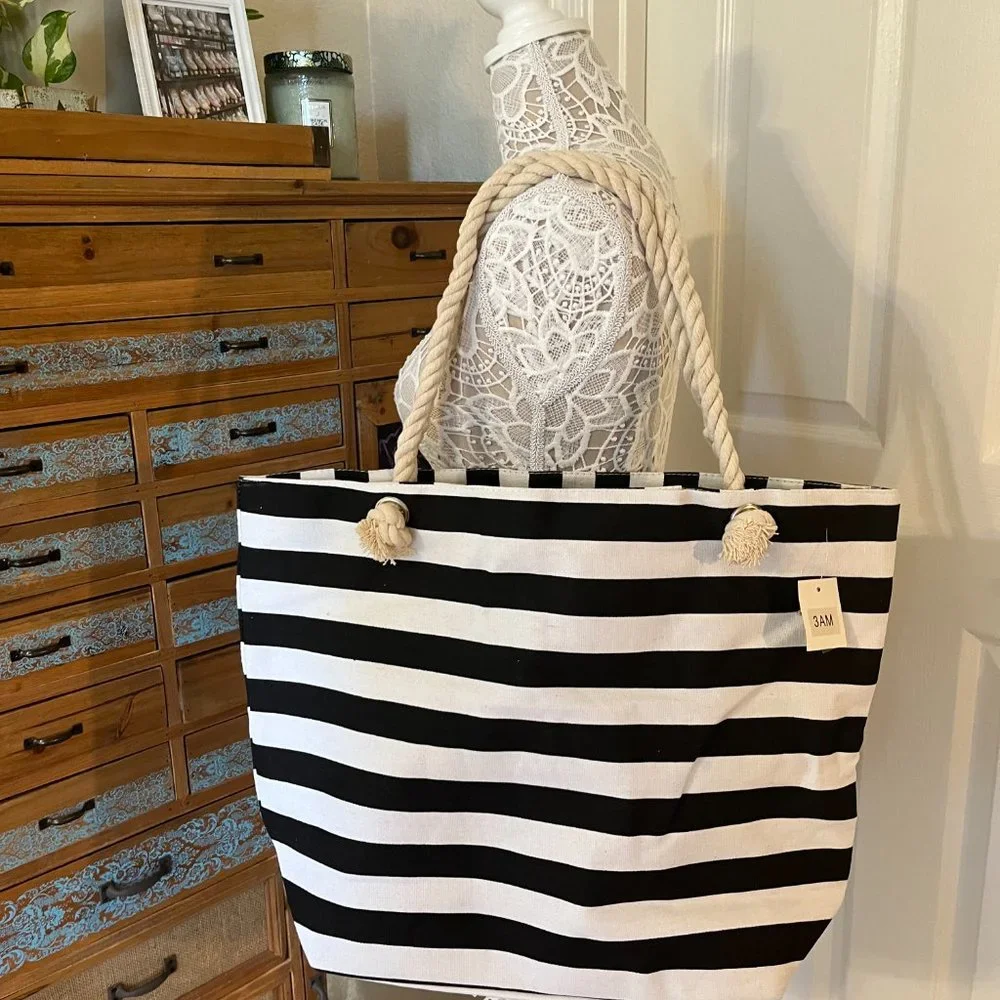 Beachy Striped Tote Bag/ Overnight Bag - Black/White- NWT
